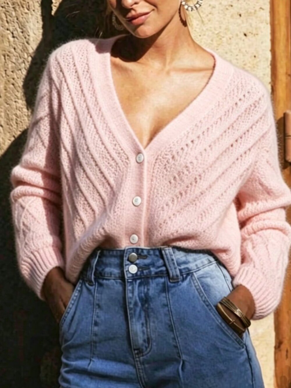 Pink Casual Women's Long-Sleeve Knitted Single-Breasted Cardigan - Picture 3 of 3